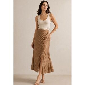 Current Air Anthropologie Skirt S Gold Crinkle Satin Button Front Midi NWT